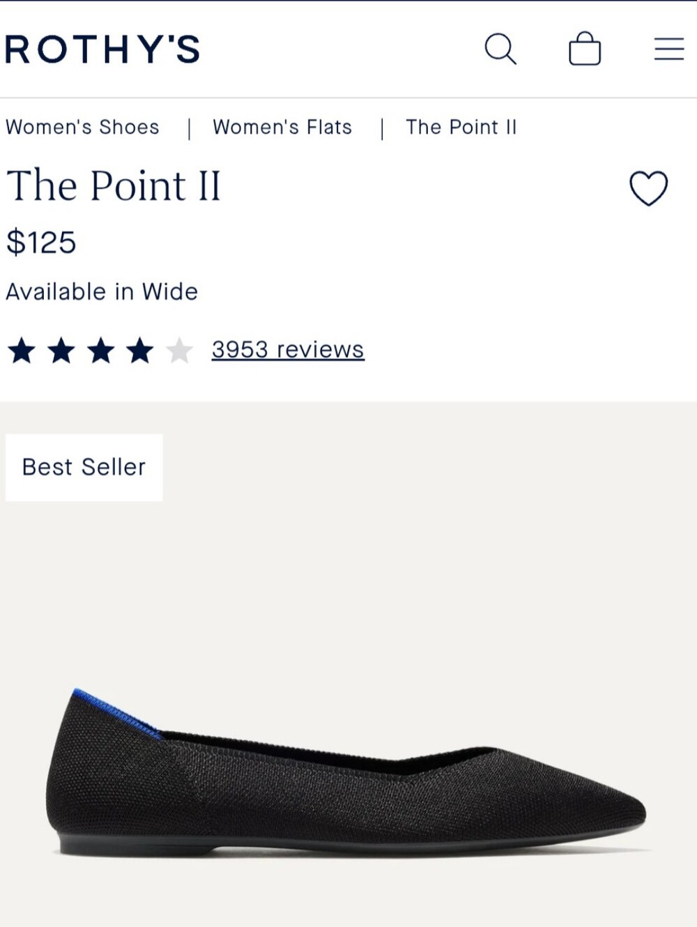 Rothy's The Point II Black Flat with Blue Heel Tab Size 9 1/2
